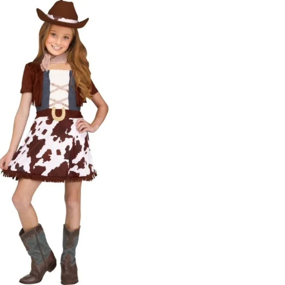 Cowgirl & Cowboy Boots Halloween Costume 4/6 Brown Dress, Hat, Scarf 4 Pc Girls - Picture 2 of 13